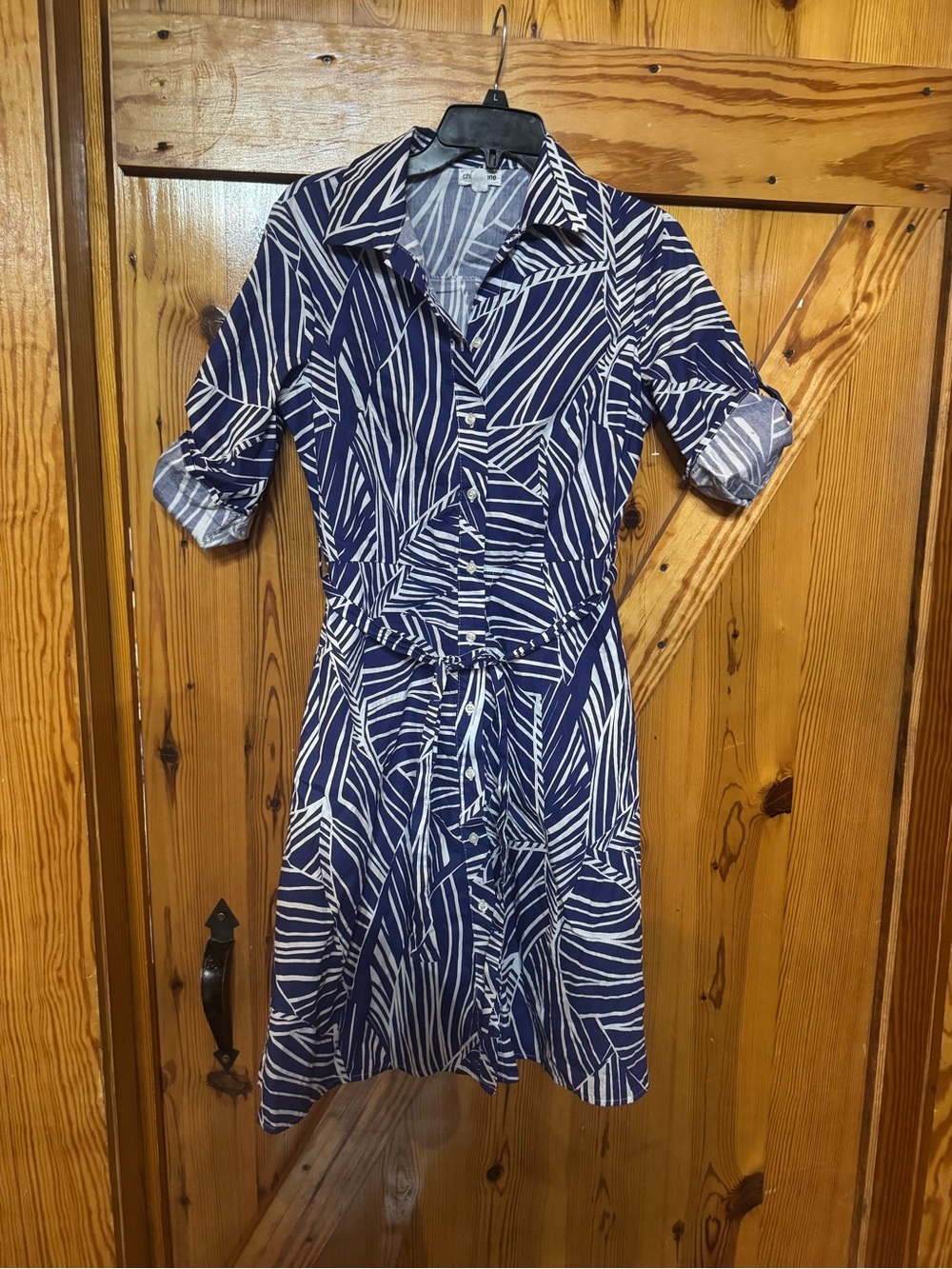 Women's Navy and White Printed Shirt Midi Dress with Self-Tie Waist